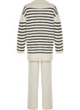 Trendyol Beige Striped Collar Tie Detail Sweater-Trousers Knitwear Two Piece Set