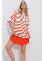 Trend Alaçatı Stili Women's Orange Crew Neck Ribbed Striped 2 Thread Unisex T-Shirt