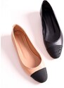 Shoeberry Women's Ellisy Black Two-tone Oval Toe Flats Black Skin.