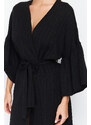 Trendyol Black Belted Maxi Woven Flounce Linen Blended Kimono & Kaftan