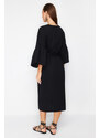 Trendyol Black Belted Maxi Woven Flounce Linen Blended Kimono & Kaftan