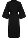 Trendyol Black Belted Maxi Woven Flounce Linen Blended Kimono & Kaftan