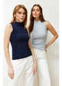 Trendyol Navy Blue-Grey Melange 2-Pack Fitted Ribbed Stretch Knit Blouse