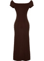 Trendyol Brown Carmen Collar Fitted/Slippery Knitted Maxi Dress
