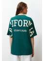 Trendyol Emerald Green 100% Cotton Back Motto Printed Oversize/Creature Knitted T-Shirt