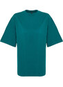 Trendyol Emerald Green 100% Cotton Back Motto Printed Oversize/Creature Knitted T-Shirt