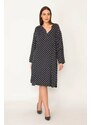 Şans Women's Plus Size Navy Blue Comfortable Cut Point Patterned Side Pockets Woven Viscose Dress