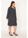 Şans Women's Plus Size Navy Blue Comfortable Cut Point Patterned Side Pockets Woven Viscose Dress