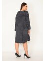 Şans Women's Plus Size Navy Blue Comfortable Cut Point Patterned Side Pockets Woven Viscose Dress