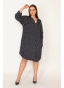 Şans Women's Plus Size Navy Blue Comfortable Cut Point Patterned Side Pockets Woven Viscose Dress