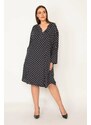 Şans Women's Plus Size Navy Blue Comfortable Cut Point Patterned Side Pockets Woven Viscose Dress