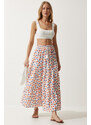 Happiness İstanbul Women's Ecru Orange Floral Pattern Flounce Summer Linen Skirt
