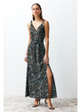 Trendyol Blue Leopard Print A-line Slit Detailed Maxi Woven Dress