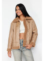 Trendyol Beige Plush Detailed Faux Leather Coat