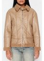 Trendyol Beige Plush Detailed Faux Leather Coat