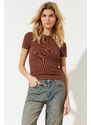 Trendyol Brown Vintage/Faded Effect Basic Twill Cotton Stretchy Knitted T-Shirt