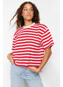 Trendyol Red Striped 100% Cotton Asymmetrical Loose/Relaxed Cut Knitted T-Shirt