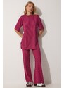 Happiness İstanbul Women's Plum Corduroy Flexible Knit Top and Bottom Set