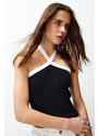 Trendyol Black Color Block Barter Neck Ribbed Elastic Knitted Blouse