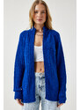 Happiness İstanbul Women's Dark Blue Zippered Knitwear Cardigan