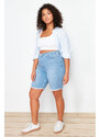 Trendyol Curve Blue Leg Tassel Detailed Stretchy Skinny Denim Shorts