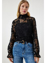 Happiness İstanbul Black High Neck Lace Elegant Blouse