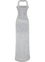 Trendyol Silver Knitted Elegant Long Evening Dress