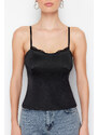 Trendyol Black Plain Satin Regular Strappy Lace Detail Knitted Blouse