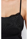 Trendyol Black Plain Satin Regular Strappy Lace Detail Knitted Blouse