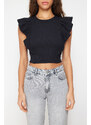 Trendyol Black Ribbed Flexible Crop Knitted Blouse With Frilly Sleeves