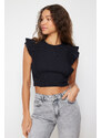 Trendyol Black Ribbed Flexible Crop Knitted Blouse With Frilly Sleeves