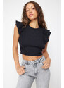 Trendyol Black Ribbed Flexible Crop Knitted Blouse With Frilly Sleeves