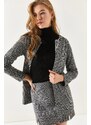 armonika Women's Gray Cuffed Gingham Jacket with Pocket Flap