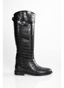 Shoeberry Women's Matia Black Crocodile Rider Long Boots