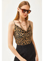 Olalook Women's Leopard Mink Detach Collar Rope Strappy Blouse