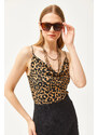 Olalook Women's Leopard Mink Detach Collar Rope Strappy Blouse