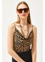 Olalook Women's Leopard Mink Detach Collar Rope Strappy Blouse