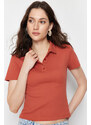 Trendyol Cinnamon Polo Collar Buttoned Short Sleeve Flexible Ribbed Knitted Blouse