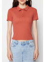 Trendyol Cinnamon Polo Collar Buttoned Short Sleeve Flexible Ribbed Knitted Blouse