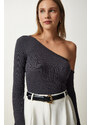 Happiness İstanbul Women's Anthracite Open Shoulder Corded Knitted Blouse