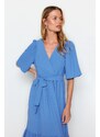 Trendyol Indigo Belted Woven Double Breasted Neck Back Detail Midi Woven Dress