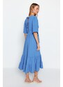 Trendyol Indigo Belted Woven Double Breasted Neck Back Detail Midi Woven Dress