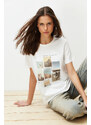 Trendyol Ecru 100% Cotton Landscape Printed Regular/Regular Fit Short Sleeve Knitted T-Shirt