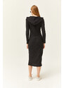 Olalook Women's Black Zippered Hooded Pocket Thick Ribbed Midi Dress
