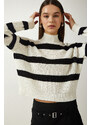 Happiness İstanbul Women's Ecru High Collar Striped Knitwear Sweater