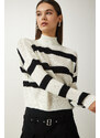 Happiness İstanbul Women's Ecru High Collar Striped Knitwear Sweater