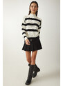 Happiness İstanbul Women's Ecru High Collar Striped Knitwear Sweater