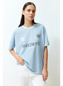 Trendyol Blue Oversize/Wide Fit Motto Printed Knitted T-Shirt