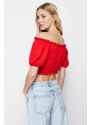 Trendyol Red Carmen Collar Gossamer Crop Knitted Blouse