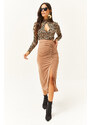 Olalook Women's Biscuit Slit Draped Detail Zippered Midi Sandy Skirt